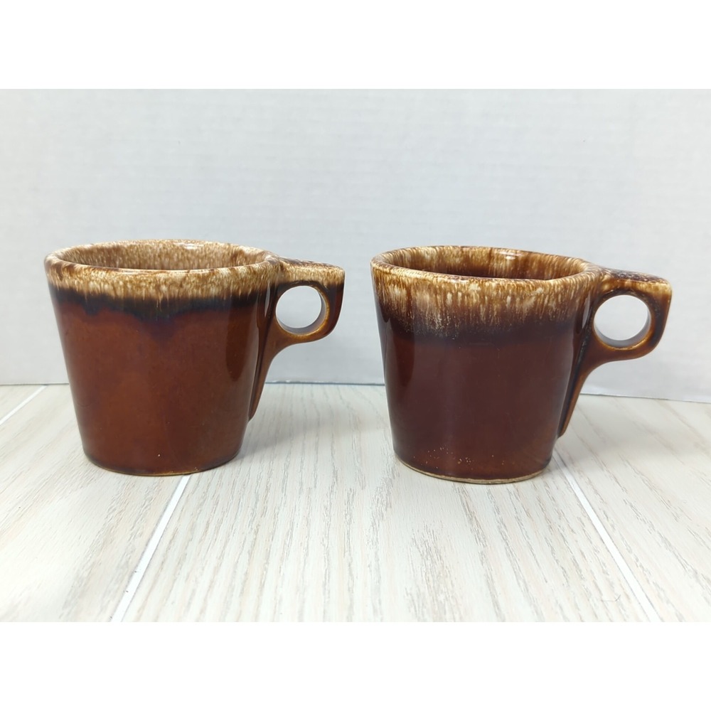 Hull Pottery Oven Proof USA Brown Drip Glaze Vintage set 2 Coffee Mugs Cups
